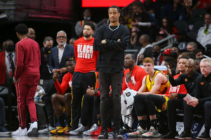 Feb 26, 2022; Atlanta, Georgia, USA; Atlanta Hawks forward John Collins (20) on the sideline against the Toronto Raptors in the second quarter at State Farm Arena.